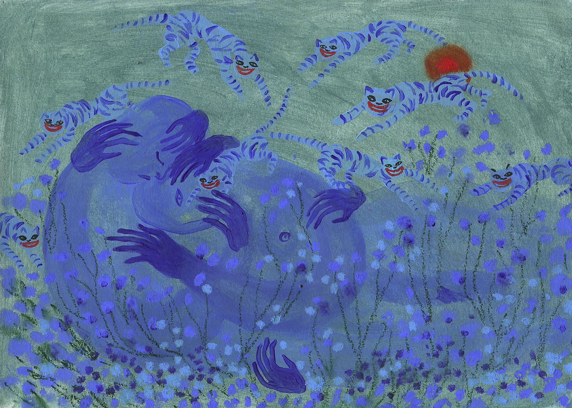 obraz w zilono-niebisekiej tonacji z czerwonym akcentami, przedstawia dziwne stworzenia  przypominające lwy z dłońmi, 