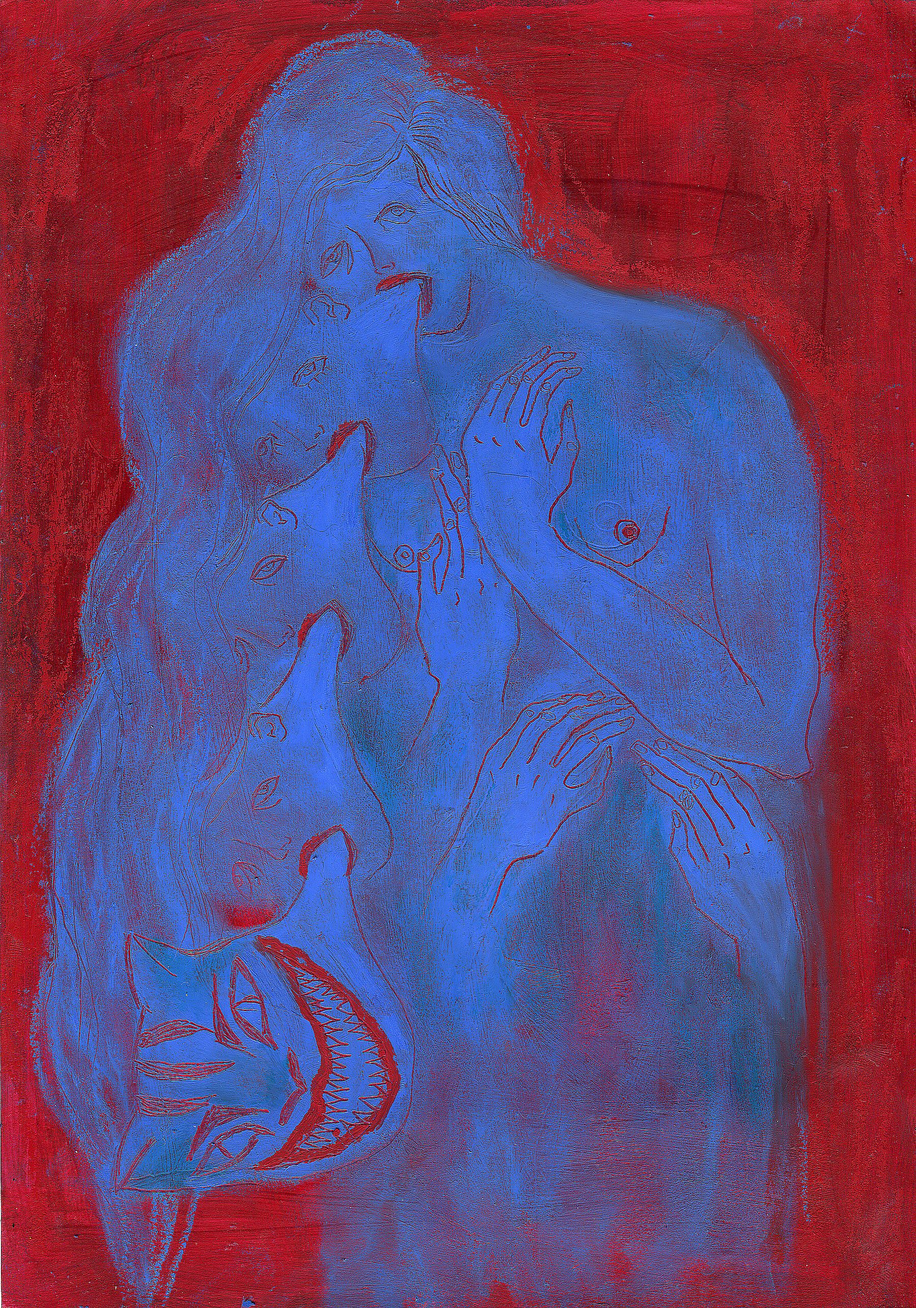 Na intensywnie czerwonym tle widnieje niebieska, naga postać kobieca otoczona rękami oraz wijącymi się, wilkopodobnymi głowami, z których jedna ma szeroki, drapieżny uśmiech – całość sprawia wrażenie zmysłowego, ale i niepokojącego splotu cielesności i fantazmatów.