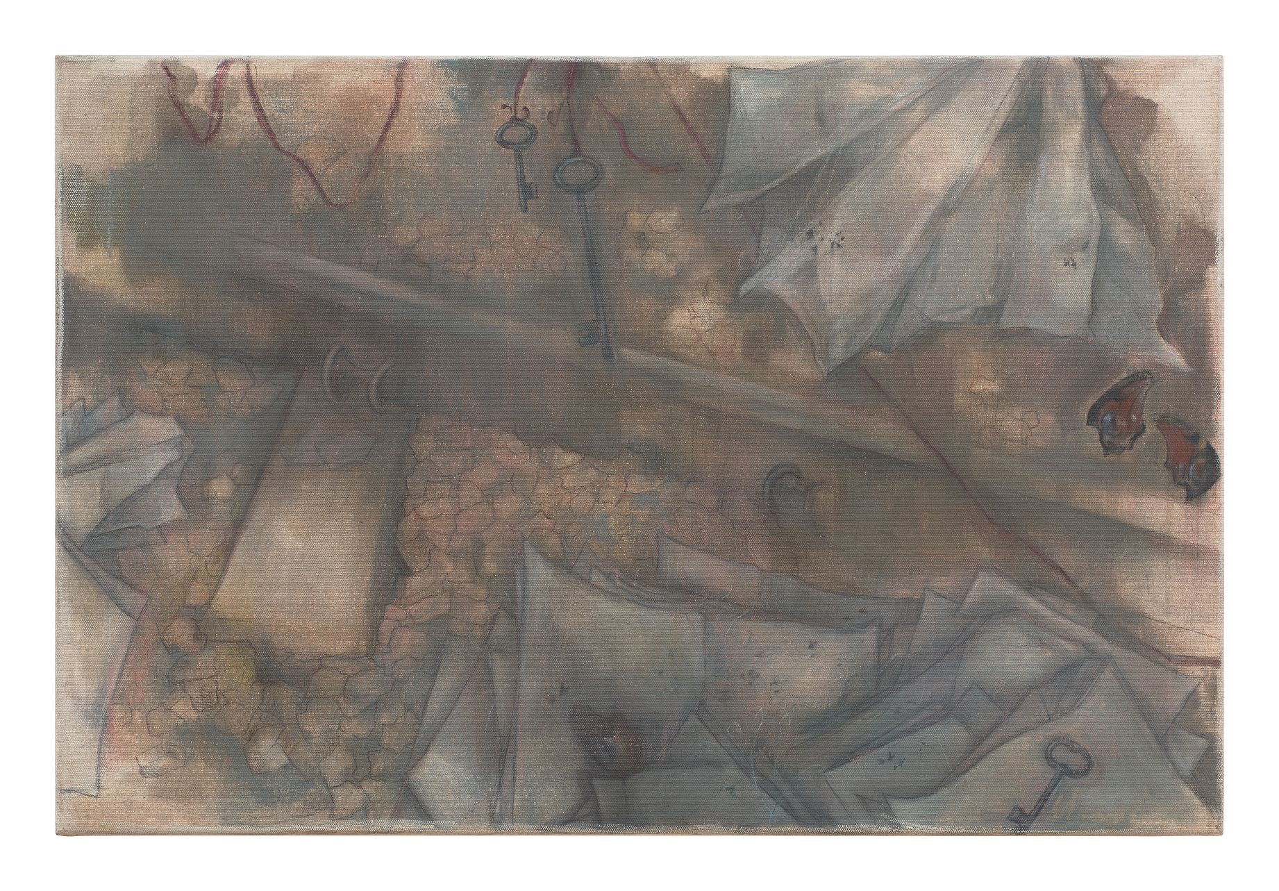 Obraz przedstawia kompozycję artystyczną wykonaną na tkaninie, ukazującą porozrzucane otwarte książki, strony papieru i kamienie wkomponowane w delikatne, różowe tło z zarysami roślin. 