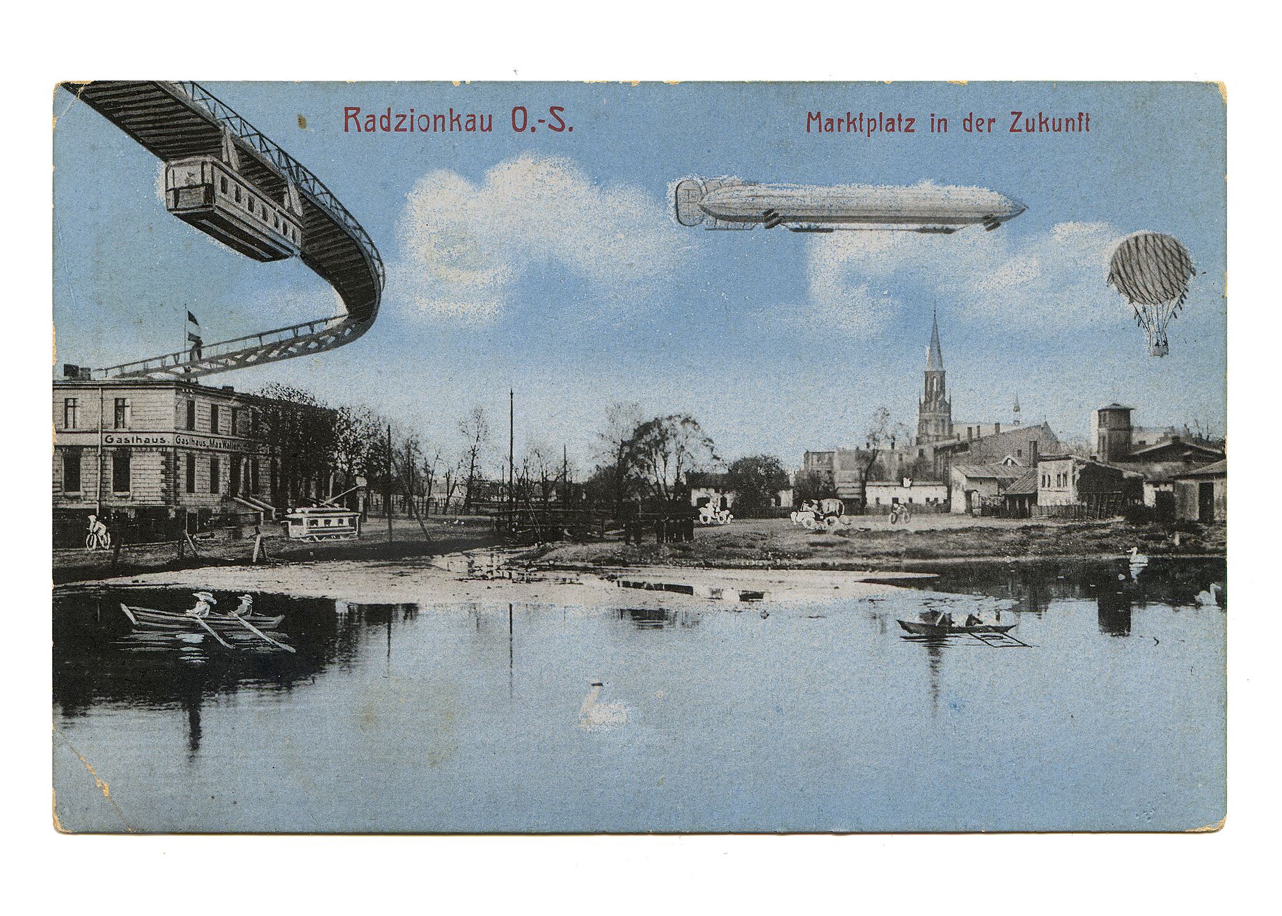 Stra pocztówka przedstwiająca Radzionków przyszłości, staw na rynku, łabędzie, latają balony, nowoczesna kolejka