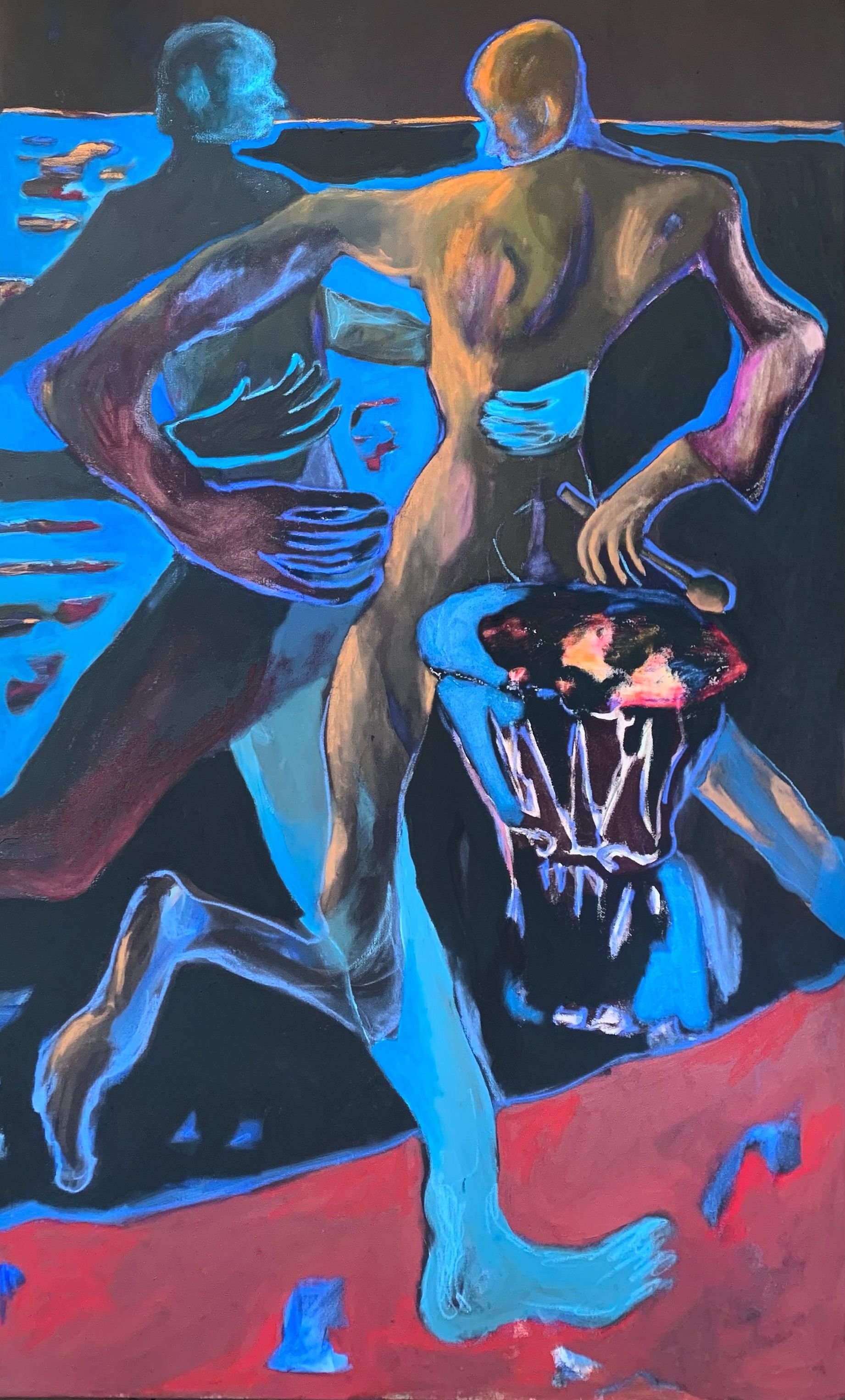 Na obrazie widać  dwie dziwne postacie jakby w ruchu, pod wodą? W tle,pojawiają się abstrakcyjne kształty, kolory czarne, czerwone, niebieskie