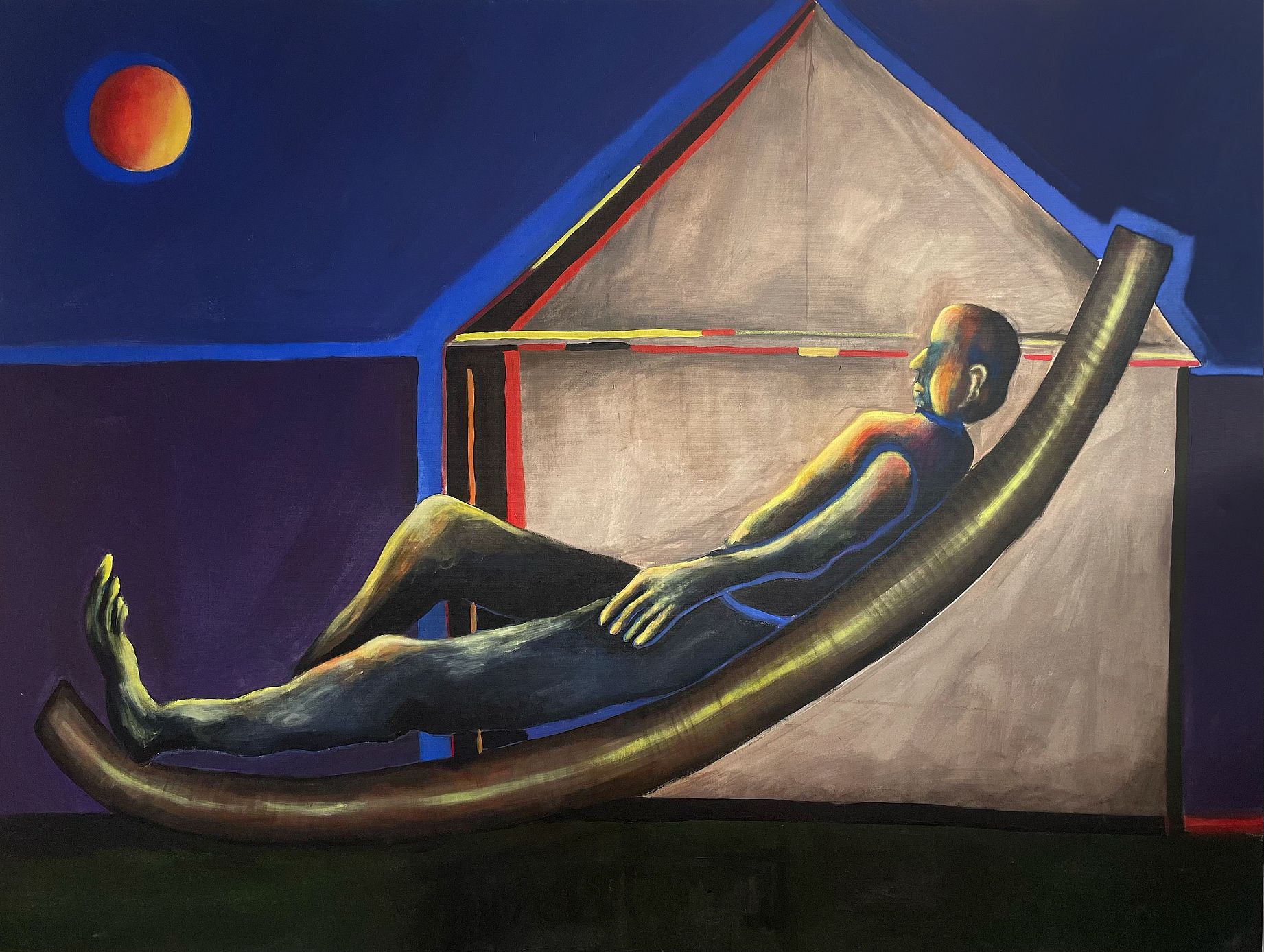 Na obrazie widać dużą postać leżącą na rogu. W tle,pojawiają się abstrakcyjne kształty przypominające dom oraz słońce