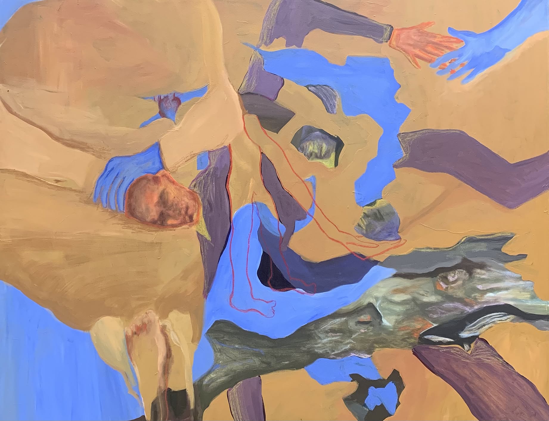 Na obrazie widać  abstrakcyjne kształty i zanurzoną w nich postać. Kolory beżowe, niebieskie, fioletowe