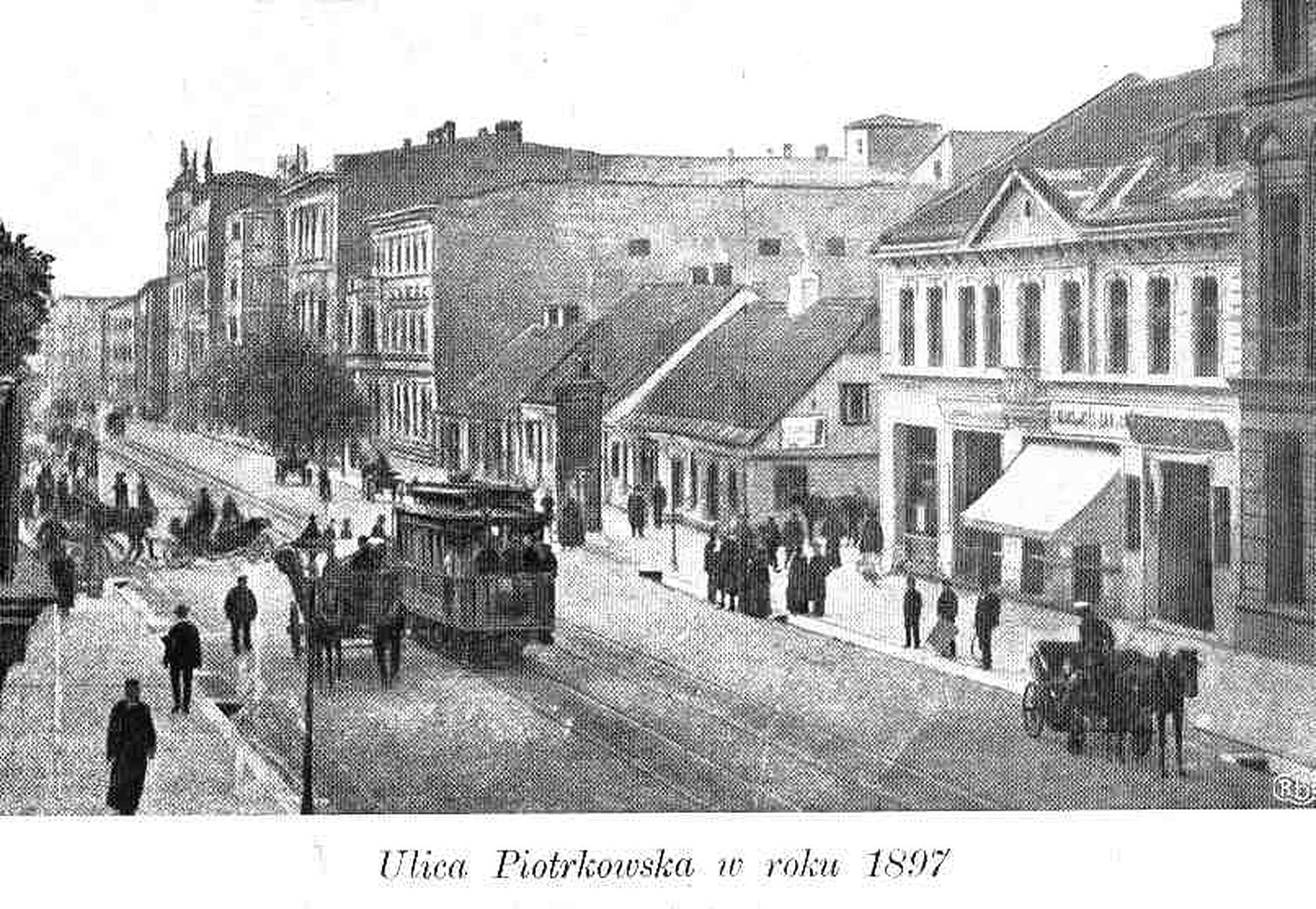 strare zdjęcie ulicy Piotkrowskiej, tramwaj, bryczki