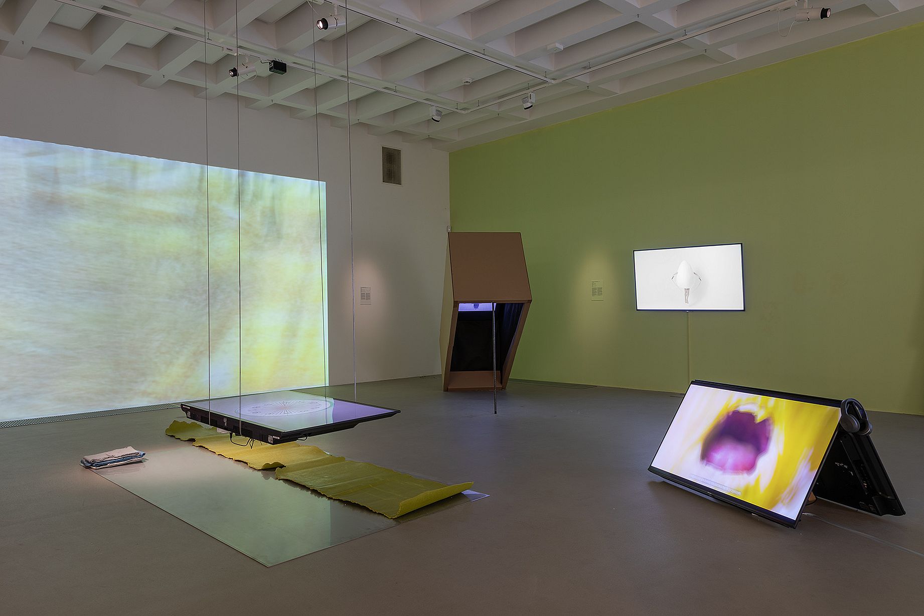 widok wystawy, ekrany, drewniane meble, wszystko dziwnie umiejscowione, sala wystawowa