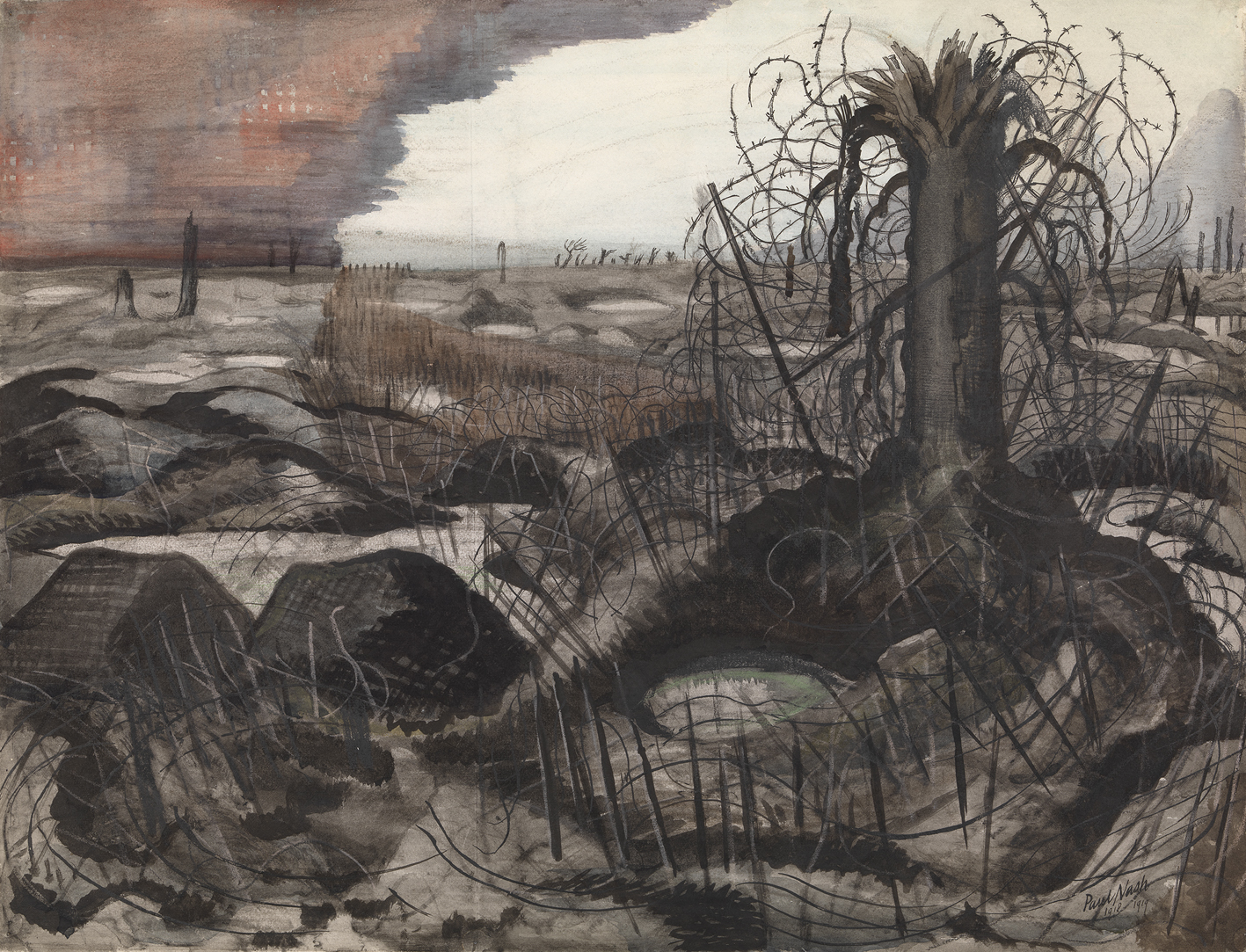 obraz przedstawiajace pole, obszar działań wojennych, Paul Nash (1889 – 1946), Wire (Drut), 1918, kredka, tusz, papier 