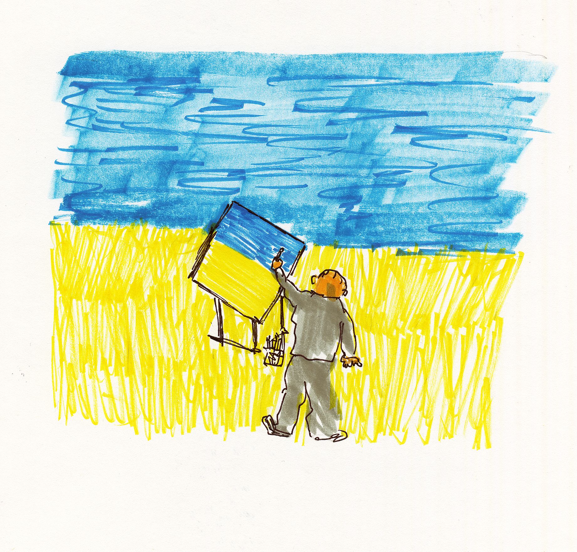 Rysunek przedstawia osobę malującą na sztaludze obraz w barwach flagi Ukrainy – niebieskiej i żółtej – stojącą na tle pola i nieba w tych samych kolorach.