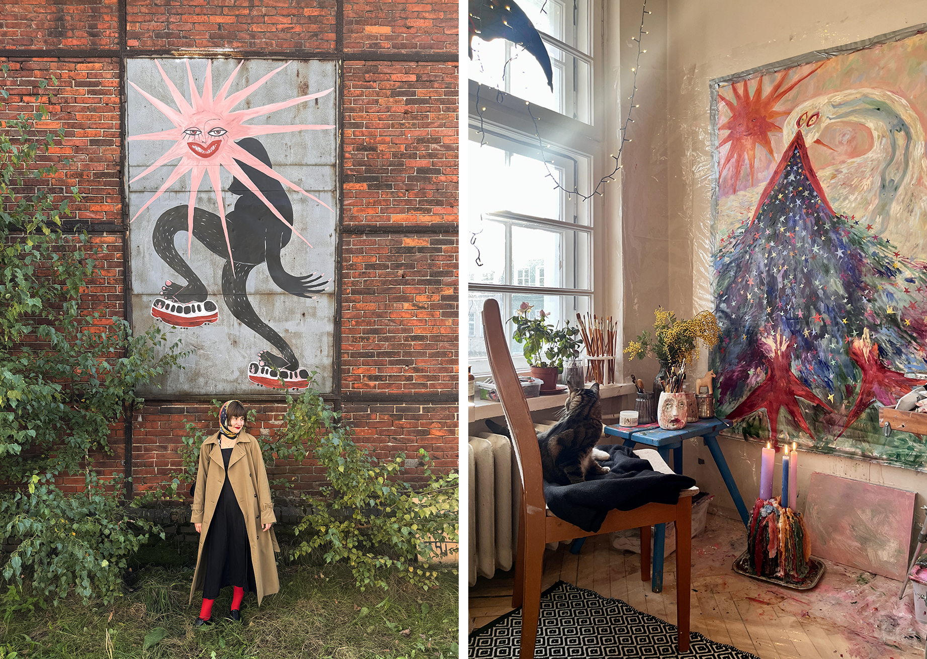 Zdjęcie składa się z dwóch fotografii: po lewej młoda kobieta w płaszczu i czerwonych rajstopach stoi pod dużym muralem przedstawiającym czarną postać z różową, promienistą głową, namalowanym na ceglanej ścianie; po prawej przytulne wnętrze pracowni z obrazem kolorowej, gwiaździstej góry i trzema postaciami, kotem na krześle, świecami i farbami rozstawionymi wokół.