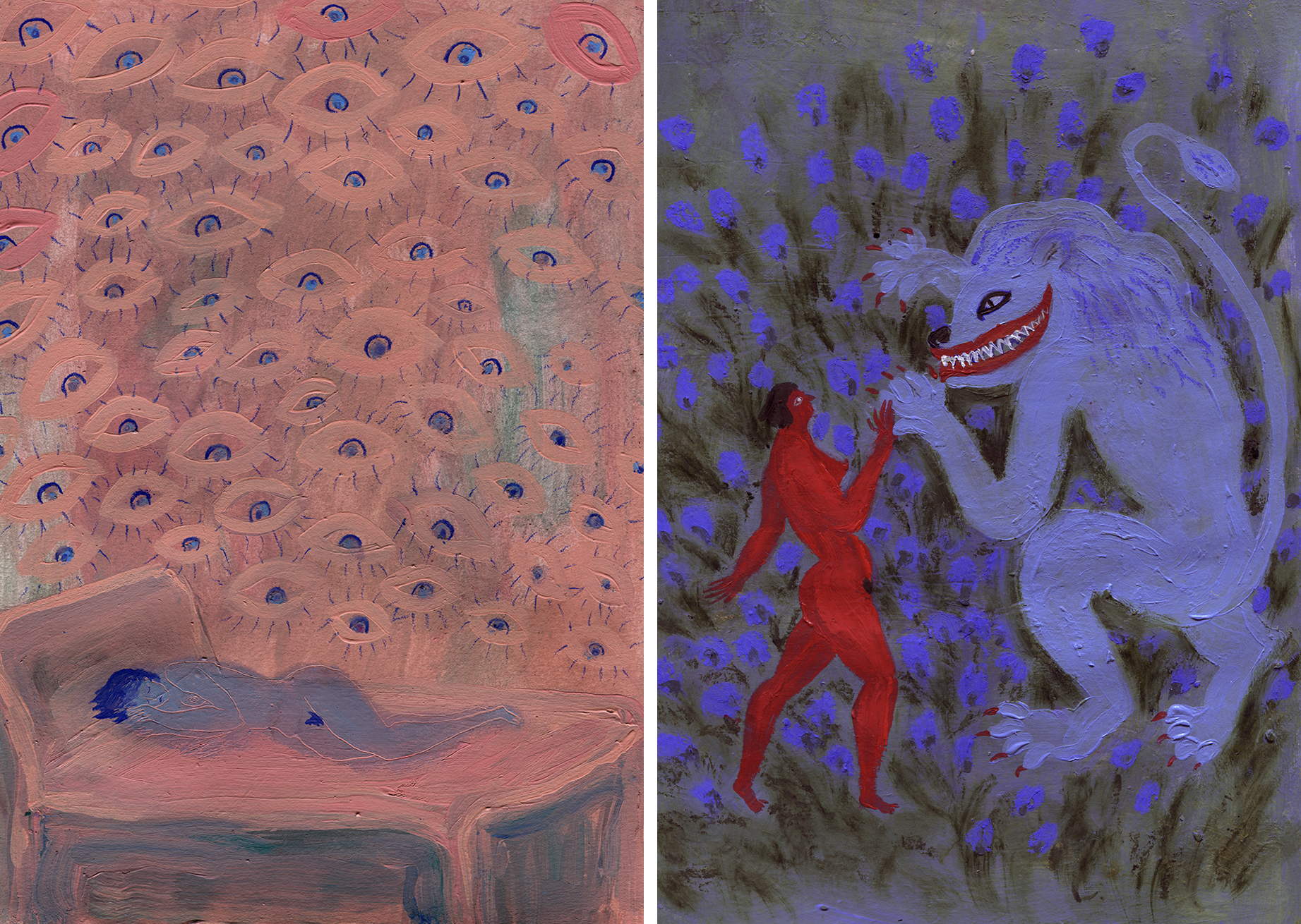 Obraz składa się z dwóch malarskich scen: po lewej naga postać leży na łóżku w otoczeniu dziesiątek czujnych, unoszących się w powietrzu oczu, po prawej czerwona kobieca sylwetka staje naprzeciw dużego, groźnego stwora o lśniącym uśmiechu, wśród fioletowych kwiatów.