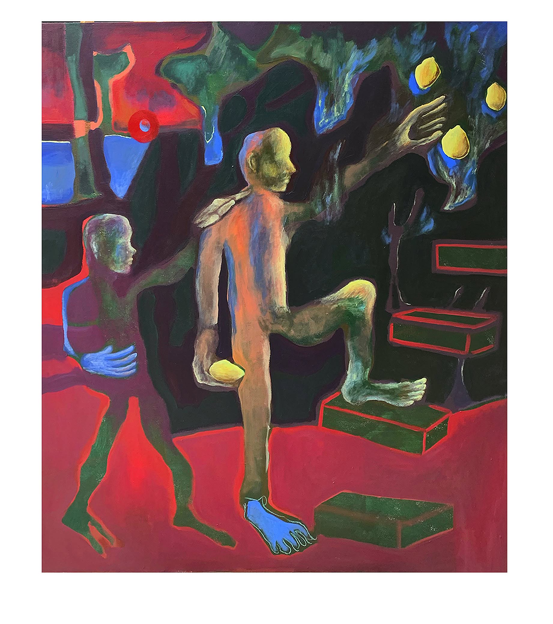 Na obrazie widać dziwne postacie. Jedna wchodzi po schodach zerwać cytryny. W tle,pojawiają się abstrakcyjne kształty, kolory czarne, czerwone, żółte